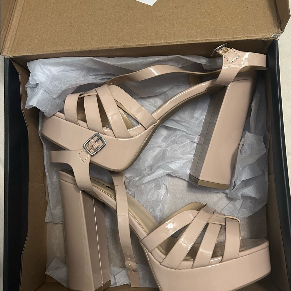 Fashion Nova Cream Platform Heels with Strappy Design